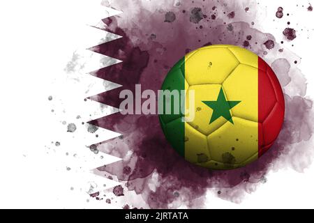 Une balle de football avec le drapeau du Sénégal représentée sur un fond aquarelle du drapeau du Qatar Banque D'Images