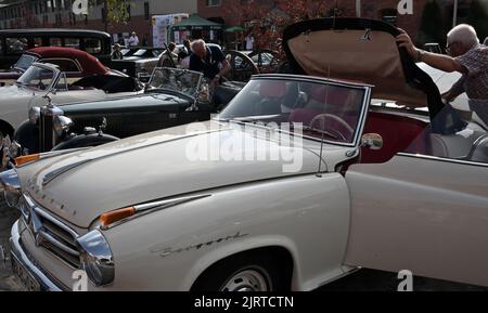 Nauen, Allemagne. 26th août 2022. Le conducteur d'un cabriolet Borgward (construit en 1959) ouvre sa capote à l'ADAC Landpartie Classic sur le domaine Stober. Environ 100 voitures classiques de 33 fabricants ont fait un tour de voiture classique dans la région de Havelland. Credit: Bernd Settnik/dpa/Alay Live News Banque D'Images