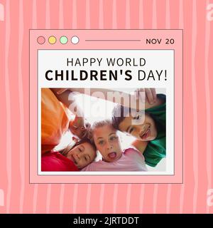 Novembre 20 et le texte de la journée des enfants du monde heureux avec divers enfants faisant des visages dans le cadre photo Banque D'Images