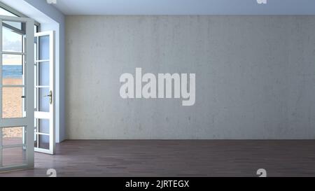 Chambre d'hôtel vide avec portes ouvertes donnant sur la plage, le sable jaune et les nuages. Intérieur avec vue sur la mer, parquet foncé et mur en stuc beige. 3D illustration, Ultra HD 8K, 7680x4320, 300 dpi Banque D'Images