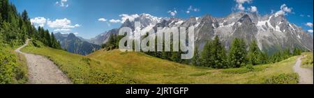 Le panorama du Mont blanc et du massif du Grand Jorasses depuis la vallée du Val Ferret en Italie. Banque D'Images