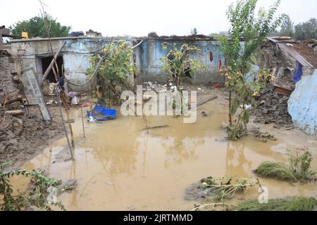 Logar. 25th août 2022. Photo prise le 25 août 2022 montre une zone inondée dans la province de Logar, en Afghanistan. Zabihullah Mujahid, porte-parole du gouvernement par intérim dirigé par les talibans en Afghanistan, a déclaré jeudi qu'au moins 182 personnes avaient été tuées et plus de 250 autres blessées au cours d'un mois de fortes pluies et d'inondations. Credit: Saifurahman Safi/Xinhua/Alamy Live News Banque D'Images