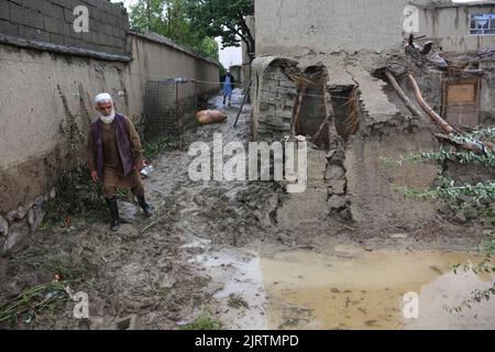 Logar. 25th août 2022. La photo prise le 25 août 2022 montre un bâtiment endommagé par des inondations dans la province de Logar, en Afghanistan. Zabihullah Mujahid, porte-parole du gouvernement par intérim dirigé par les talibans en Afghanistan, a déclaré jeudi qu'au moins 182 personnes avaient été tuées et plus de 250 autres blessées au cours d'un mois de fortes pluies et d'inondations. Credit: Saifurahman Safi/Xinhua/Alamy Live News Banque D'Images