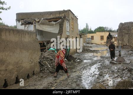 Logar. 25th août 2022. La photo prise le 25 août 2022 montre des maisons endommagées par des inondations dans la province de Logar, en Afghanistan. Zabihullah Mujahid, porte-parole du gouvernement par intérim dirigé par les talibans en Afghanistan, a déclaré jeudi qu'au moins 182 personnes avaient été tuées et plus de 250 autres blessées au cours d'un mois de fortes pluies et d'inondations. Credit: Saifurahman Safi/Xinhua/Alamy Live News Banque D'Images