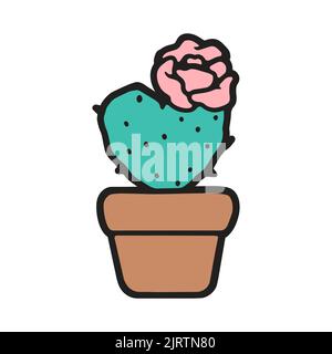 Cactus mignon dessinés à la main dans un pot. Image couleur de cactus en pot dans un design plat. Badge de plante en pot. Illustration vectorielle. Illustration de Vecteur