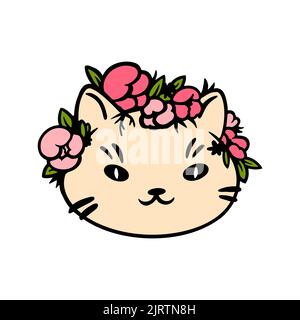 Joli chat dessiné à la main avec des fleurs. Image couleur de la museau de chat dans un design plat. Badge animal. Illustration vectorielle. Illustration de Vecteur