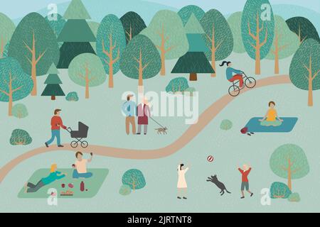 Les gens dans le parc au printemps ou en été. Des hommes et des femmes heureux marchant avec le chien, ayant pique-nique, les enfants jouant avec un ballon, faisant le yoga en plein air, nature romantique Illustration de Vecteur