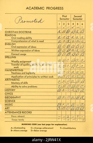 Fiche de rapport de fin d'année scolaire, 1961, États-Unis Banque D'Images