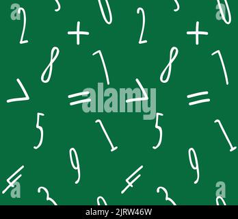 Motif vectoriel sans couture des symboles mathématiques et des chiffres dessinés à la main isolés sur fond vert Illustration de Vecteur