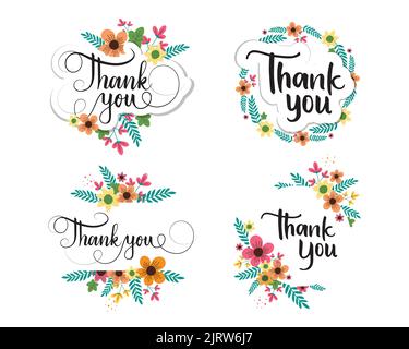 Merci script décoré par la conception plate ornements floraux illustration vectorielle Illustration de Vecteur