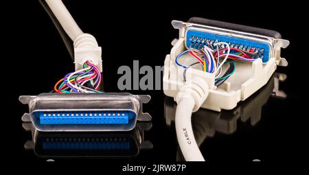 Câbles de données blancs de connecteurs mâles ouverts avec réflexion sur fond noir. Gros plan de deux faisceaux de fils de couleur à l'intérieur de l'interface de l'imprimante de l'ordinateur. Banque D'Images