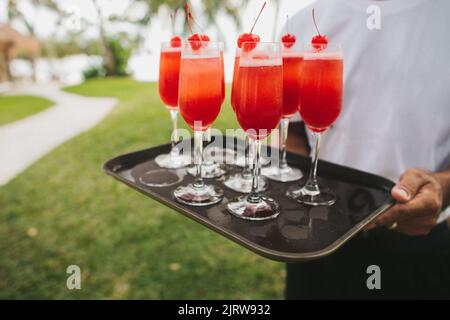 Cocktails colorés sur un plateau dans les mains du serveur. Banque D'Images