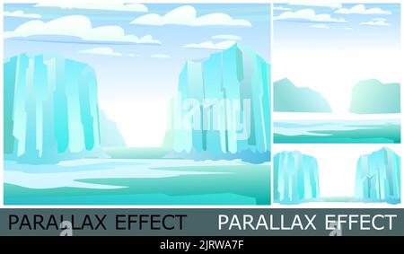 Paysage arctique. Image des calques pour une superposition avec effet de parallaxe. Antarctique glace iceberg. Magnifique paysage d'hiver. Matin au nord ou au sud Illustration de Vecteur