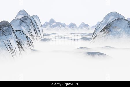 Peinture à l'encre des montagnes, rendu 3D. Dessin numérique informatique. Banque D'Images