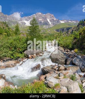 Le panorama des sommets de Punta Gnifetti ou Signalkuppe, Parrotspitze, Ludwigshohe - vallée de la Valsie. Banque D'Images