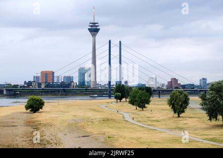 26.08.2022, Düsseldorf, Nordrhein-Westfalen, Deutschland - Blick nach Sueden von der Oberkasseler Brücke auf den Rhein und die Rheinniebruecke ueber Banque D'Images