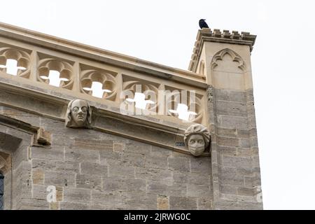 Une sculpture en pierre d'un ouvrier du NHS portant un masque sur le Prieuré de Christchurch, un nouveau gargouille sur le bâtiment historique comme un hommage, Dorset, Angleterre, Royaume-Uni Banque D'Images