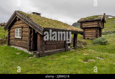 Vieilles cabanes en bois dans le village historique d'Eidsbugarden à la tête du lac Bygdin en Norvège Banque D'Images