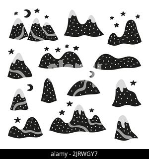 Ensemble de montagnes noires à pois, étoiles de style scandinave isolées sur fond blanc. Illustration de Vecteur