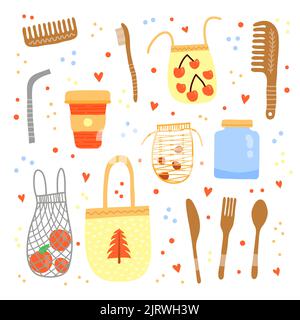 Ensemble d'icônes écologiques colorées et isolées sur fond blanc. Concept de zéro perte de vie. Illustration de Vecteur