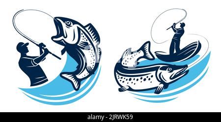 Emblème ou badge de pêche. Le pêcheur attrape le gros poisson sur la tige de rotation. Logo de pêche isolé. Illustration vectorielle Illustration de Vecteur