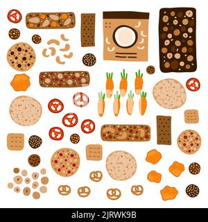 Ensemble de collations santé colorées et doodle comprenant des barres de granola, des biscuits de grains entiers, des chips de légumes, du pain croustillant et d'autres aliments isolés sur le dos blanc Illustration de Vecteur