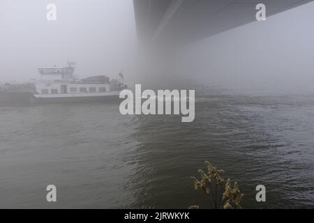 16.12.2021, Düsseldorf, Nordrhein-Westfalen, Deutschland - Frachtschiff auf dem Rhein Düsseldorf BEI Nebel unter der Oberkasseler Bruecke Banque D'Images