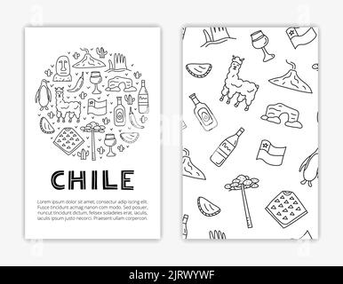 Modèles de cartes avec le contour des doodle icônes chiliennes y compris la statue de l'île de Pâques, le volcan Villarrica, l'arbre d'araucaria, empanadas, pingouin, poncho, alpac Illustration de Vecteur