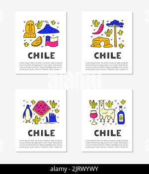 Cartes avec lettrage et des icônes chiliennes colorées, y compris la statue de l'île de Pâques, le volcan Villarrica, l'arbre d'araucaria, empanadas, pingouin, poncho, al Illustration de Vecteur