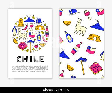 Modèles de cartes avec des icônes chiliennes de couleur doodle dont la statue de l'île de Pâques, le volcan Villarrica, l'arbre d'araucaria, empanadas, pingouin, poncho, alpac Illustration de Vecteur