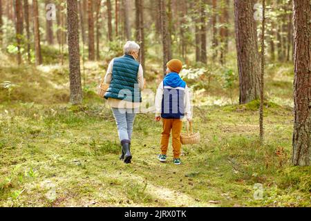 grand-mère et petit-fils avec paniers en forêt Banque D'Images