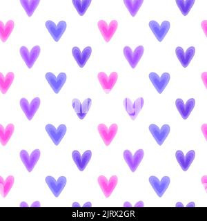 Motif blanc sans couture avec coeurs colorés en rose, violet, bleu et aquarelle. Illustration de Vecteur