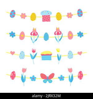 Ensemble de jolies guirlandes de coodle colorées avec nourriture, fleurs et bonbons. Peut être utilisé pour les cartes de Pâques, les affiches, les imprimés, les bannières. Illustration de Vecteur