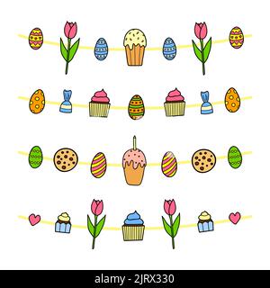 Ensemble de jolies guirlandes de coodle colorées avec nourriture, fleurs et bonbons. Peut être utilisé pour les cartes de Pâques, les affiches, les imprimés, les bannières. Illustration de Vecteur