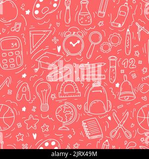 Motif de caniche sans couture dessiné à la main avec icônes d'école sur fond rose. Illustration vectorielle des fournitures, concept de retour à l'école pour l'impression, le Web et Illustration de Vecteur