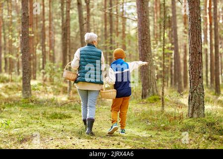 grand-mère et petit-fils avec paniers en forêt Banque D'Images