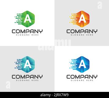 HEXAGON logo de lettre avec ligne et point. Lettre initiale a logo Connection. Illustration de Vecteur