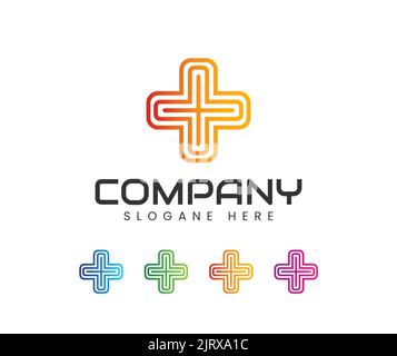 Logo de la pharmacie médecine croix résumé conception. Icône Santé du signe de croix arrondi linéaire géométrique bleu et vert Illustration de Vecteur