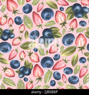 Fraises et bleuets avec feuilles sur fond rose. Illustration aquarelle. Motif sans couture provenant d'un grand ensemble de FRIANDISES. Pour la décoration Banque D'Images