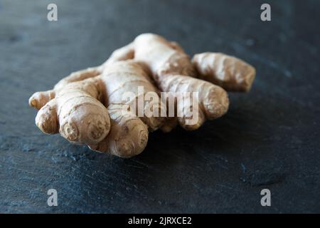 Gros plan d'une racine de gingembre sur fond de disque. Vie domestique Banque D'Images