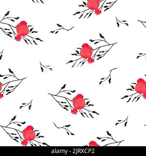 Motif sans couture avec de jolis oiseaux d'aquarelle rouges et des branches noires isolées sur du blanc. Arrière-plan vectoriel Illustration de Vecteur