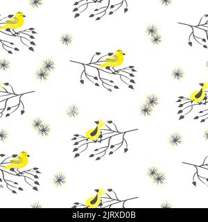 Motif sans couture avec de jolis oiseaux jaunes d'aquarelle et des branches noires isolées sur du blanc. Arrière-plan vectoriel Illustration de Vecteur