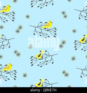 Motif sans couture avec de jolis oiseaux jaunes d'aquarelle et des branches noires isolées sur du blanc. Arrière-plan vectoriel Illustration de Vecteur