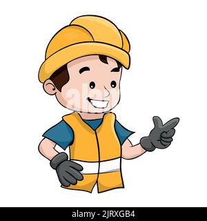 Dessin animé du travailleur avec son casque de sécurité. Travailleur de la construction industrielle ou de l'exploitation minière Illustration de Vecteur