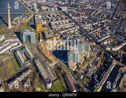 Vue aérienne, chantier de construction entre le Düsseldorfer Stadttor et RWI4 tours dans le district d'Unterbilk à Düsseldorf, Rhénanie-du-Nord- Banque D'Images