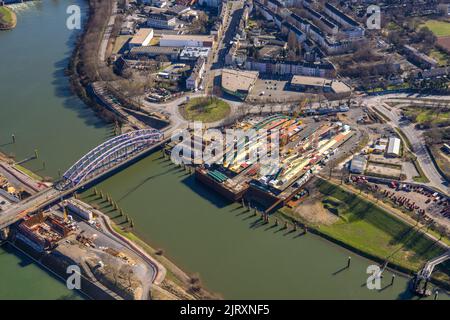 Vue aérienne, port de Duisburg, construction d'un nouveau pont au pont Karl Lehr sur la Ruhr, Ruhrort, Duisburg, région de la Ruhr, Rhénanie-du-Nord-Westphalie, Germa Banque D'Images