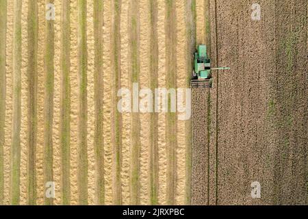 Ballynacarriga, West Cork, Irlande. 26th août 2022. Par temps ensoleillé, Denis Duggan, de Duggan Agri Contractors, récolte de l'orge à l'aide d'une moissonneuse-batteuse John Deere 1177 1992, avec une moyenne de 3,3/t par acre à une teneur en humidité de 17 %. Crédit : AG News/Alay Live News Banque D'Images