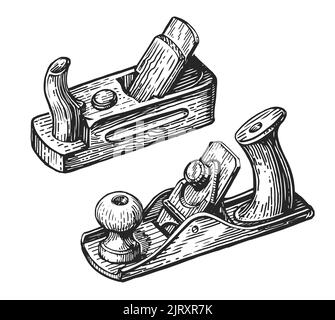 Outils de travail du bois. Bois de menuiserie, dessin dessiné à la main. Atelier de menuiserie concept. Illustration vectorielle vintage Illustration de Vecteur