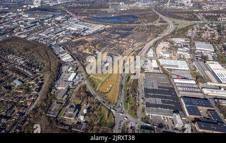 Vue aérienne, port et nouvelle zone industrielle Freiheit Emscher, Gladbecker Straße et Daniel-Eckhardt-Straße, Essen-Nord dans le quartier Vogelheim Banque D'Images