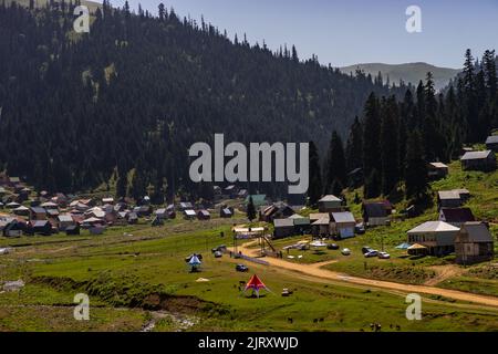 Célèbre station de montagne géorgienne Bakhmaro en été avec vue sur les vieux bâtiments Banque D'Images